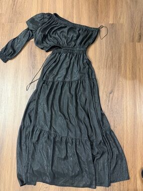 Moon River One-Shoulder Black Metallic Tiered Maxi